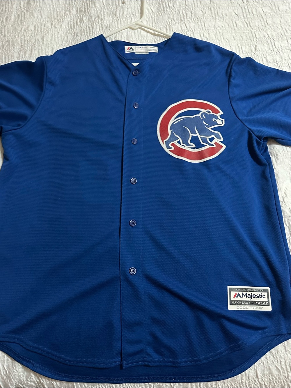 Majestic Blue Baseball Button-Up Jersey with Red & White Logo